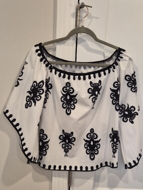 Embroidered Off-Shoulder Top - White with Black Motif